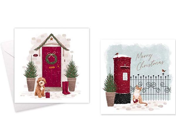 Festive Wonderland 10pk Square Christmas Cards - Postbox/Door