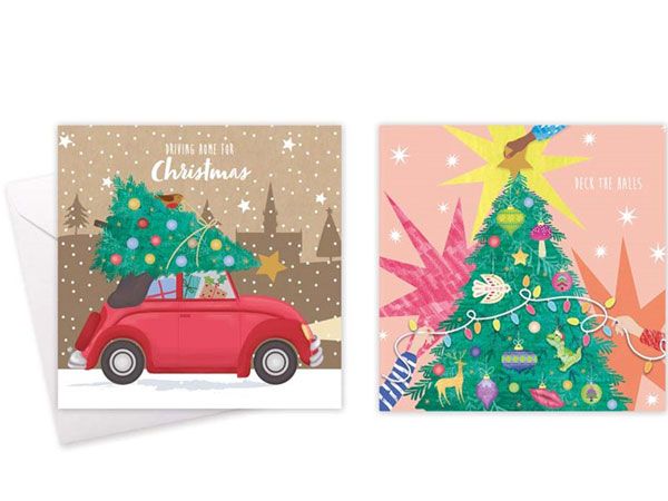 Festive Wonderland 10pk Square Christmas Cards - Kraft Effect Car/Tree