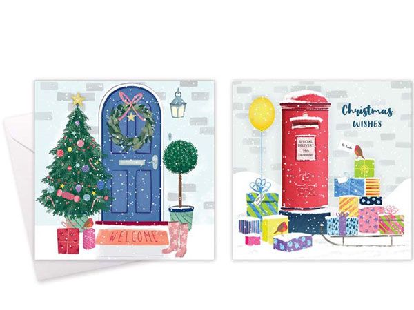 Festive Wonderland 10pk Square Christmas Cards - Postbox/Door