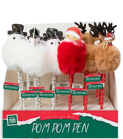 Display Of 24x Christmas Pom Pom Pens, In Assorted Festive Designs | XMA2618