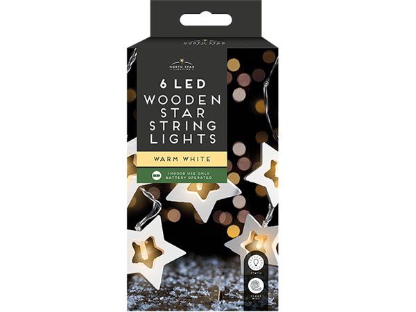 North Star 6 LED Wooden Star String Lights, Warm White, Battery Operated