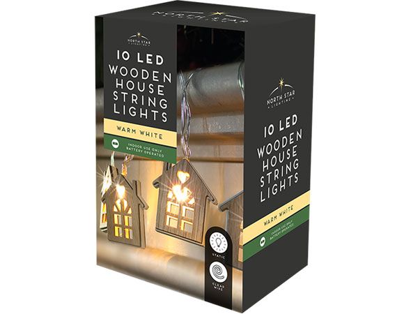 North Star 10 LED Wooden House String Lights, Warm White, Battery Operated