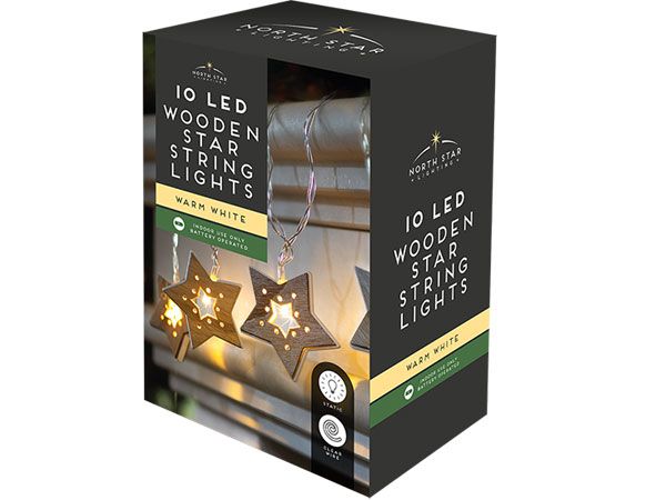 North Star 10 LED Wooden Star String Lights, Warm White, Battery Operated