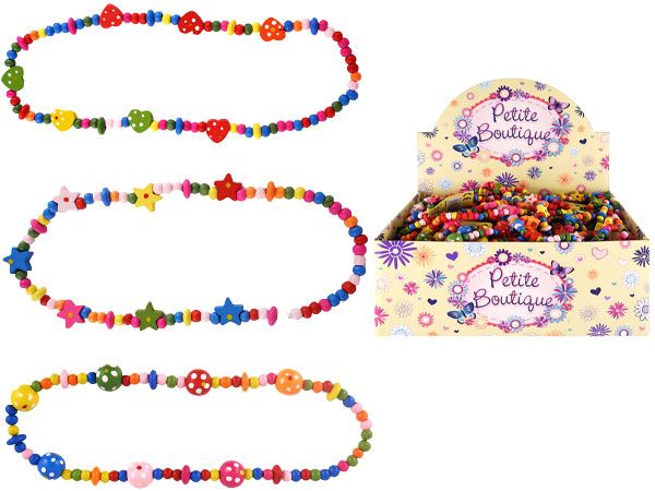 48x Petite Boutique 40cm Multicoloured Wooden Bead Necklace In Assorted Designs