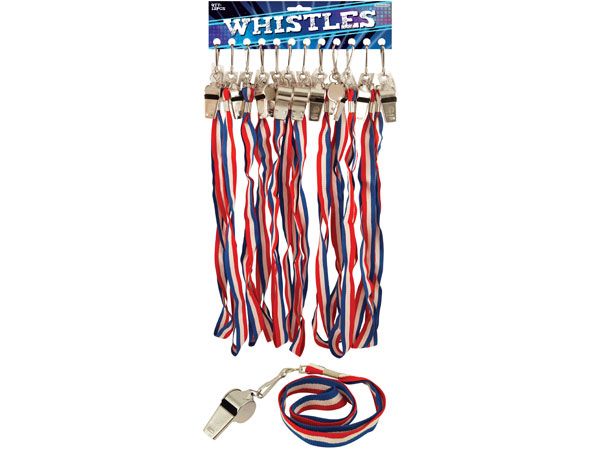 12x Metal Whistles with Red, White and Blue Lanyards