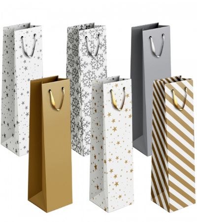 12x Bottle Gift Bag - Assorted Gold & Silver Pattern Designs