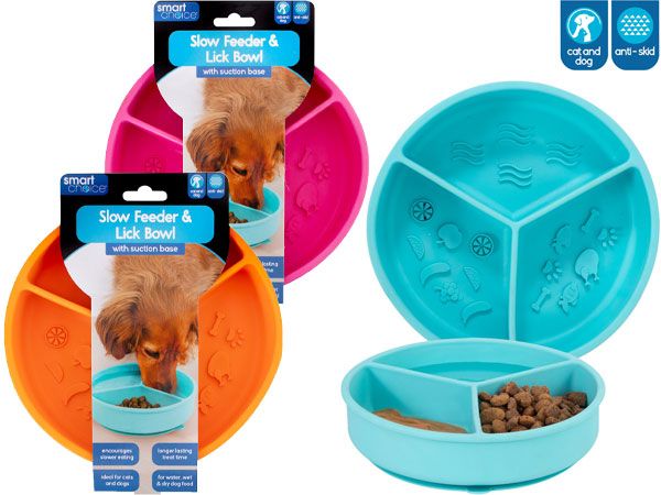 Smart Choice 3 Section Slow Feeder & Lick Bowl...Assorted Colours