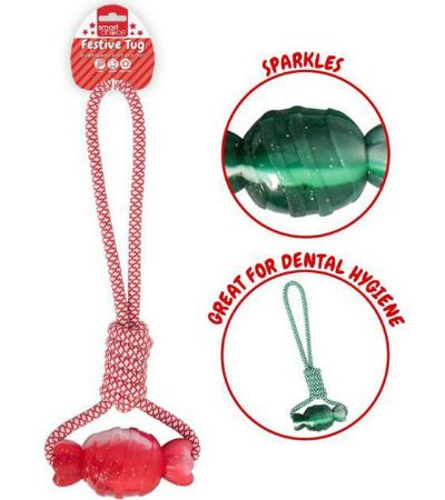 Smart Choice Christmas - Rubber & Rope Festive Tug Dog Toy..Assorted Designs