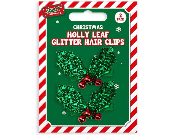 Jolly Christmas - 2 Pack Glitter Holly Novelty Hair Clips