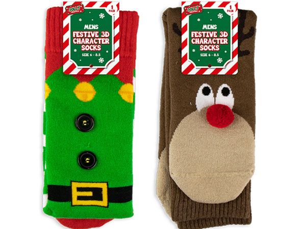 Jolly Christmas Mens Festive 3D Character Socks, Assorted Picked At Random